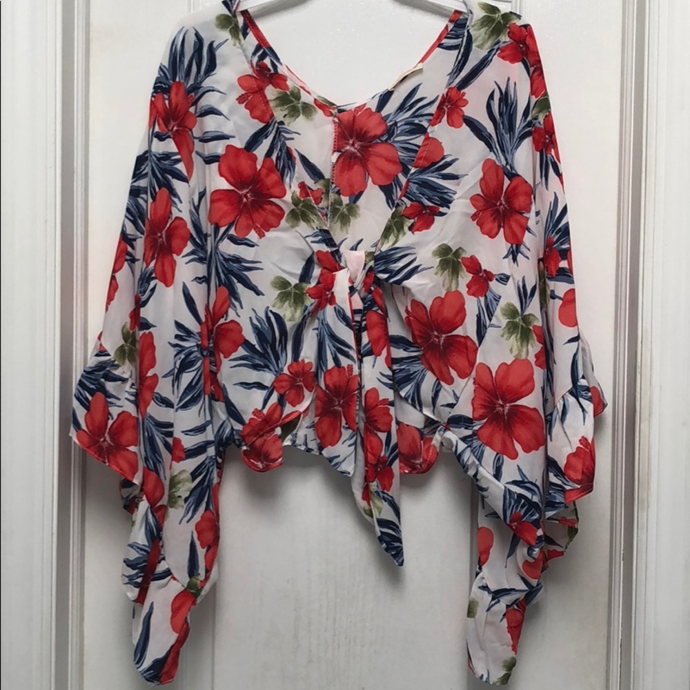 IVORY BOHO STYLE FLORAL TIE FRONT CROP TOP - Picture 3 of 4